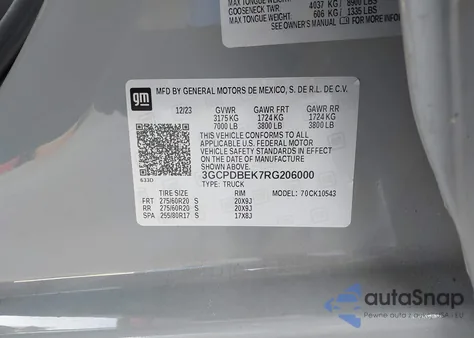 2024 Chevrolet Silverado 1500 4Wd Short Bed Custom from USA, damaged, VIN 3GCPDBEK7RG206000